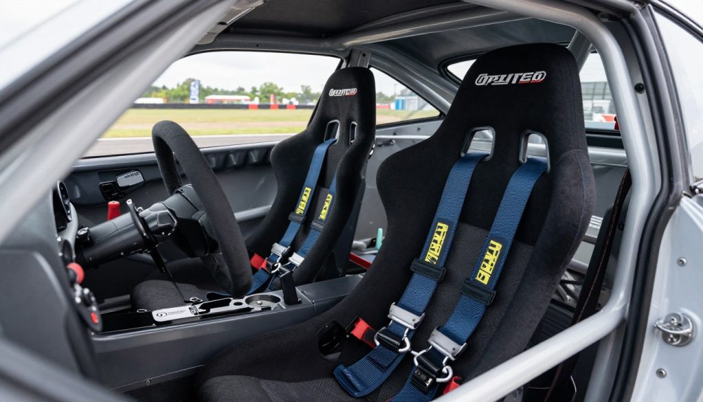 Race car interior showing proper safety equipment replacing airbags