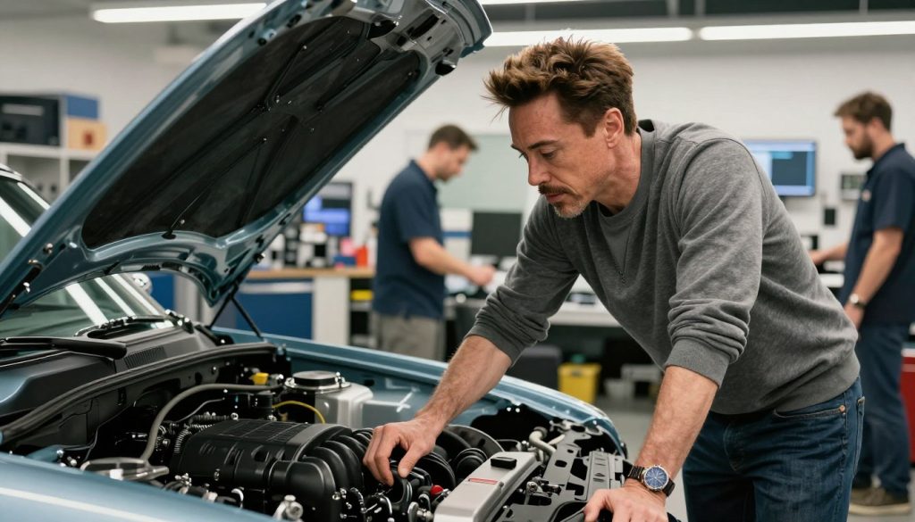Robert Downey Jr. examining a classic car for his show Downey's Dream Cars