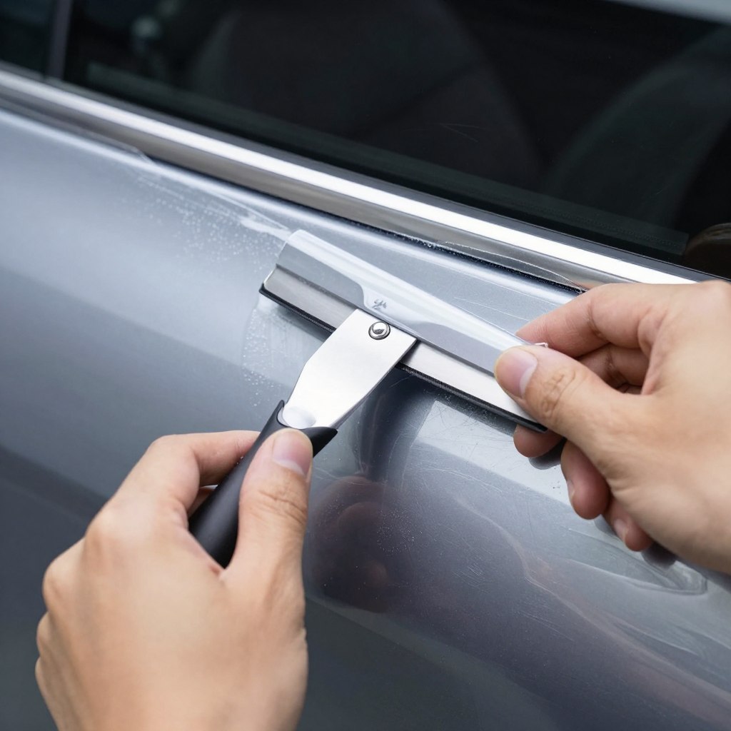 Transparent paint protection film being applied to car door edge
