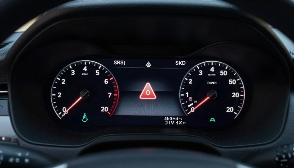 Warning dashboard display showing airbag light and safety system alerts