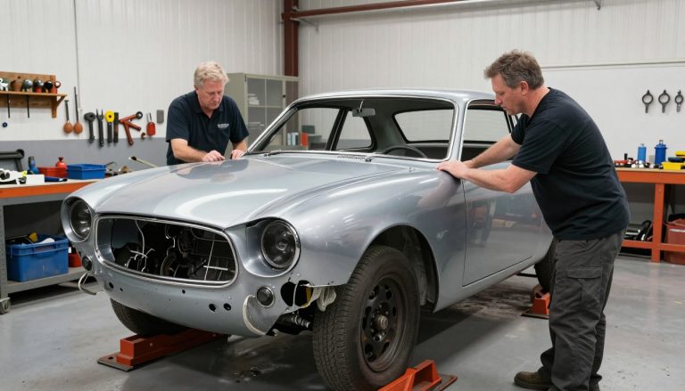Wheeler Dealers hosts Mike Brewer and Ant Anstead working on a classic car restoration