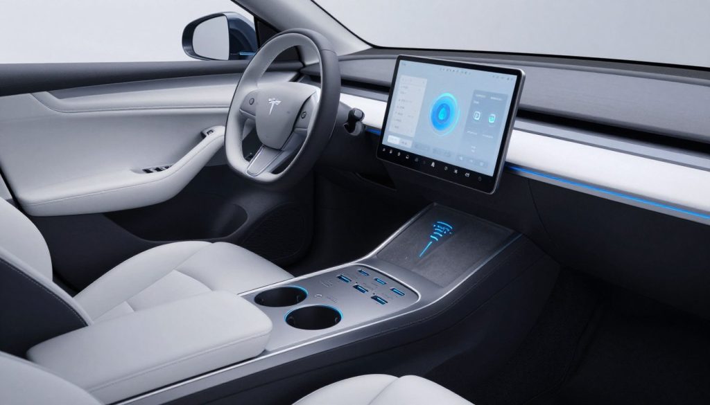 futuristic electric car interior with wireless charging and advanced power management system