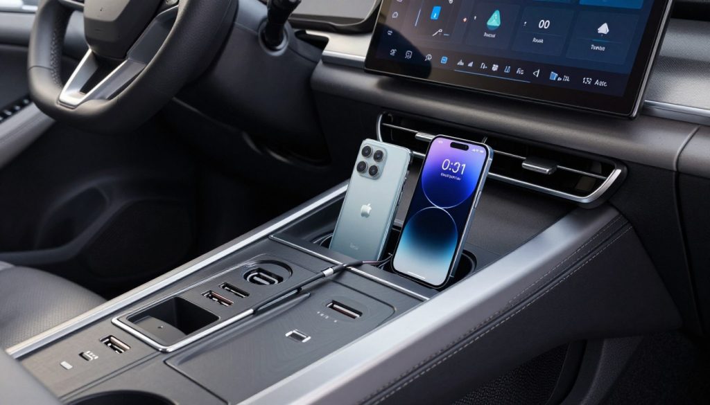 modern car dashboard showing multiple USB ports and 12V power outlets replacing cigarette lighters