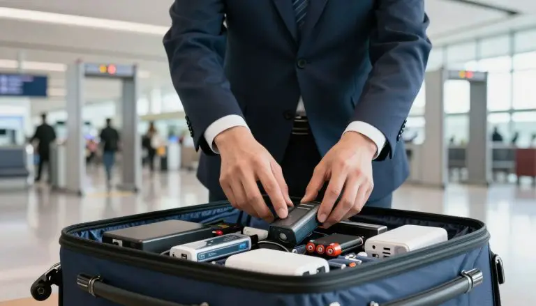 Traveler packing batteries and electronic devices in carry-on luggage at airport
